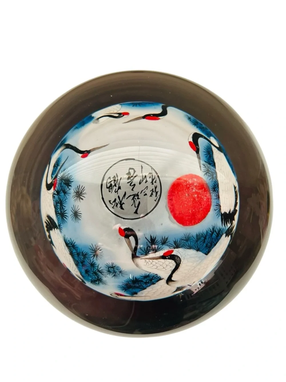 Vintage Chinese Asian Reverse Hand Painted Cranes Glass Orb On Wooden Stand - Picture 4 of 5